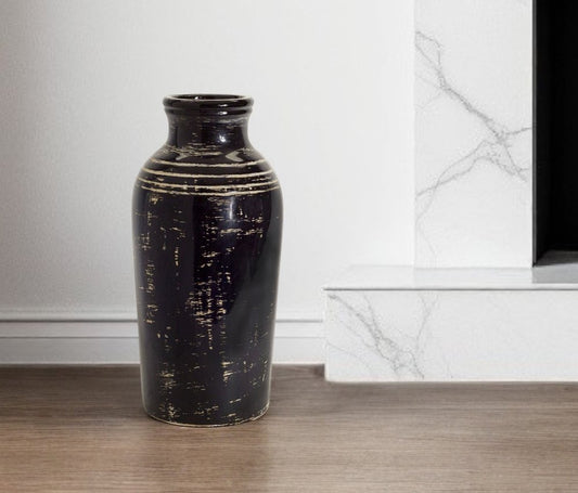 18" Black and Ivory Striped Urn Ceramic Floor Vase
