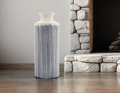 19" Blue and White Geometric Cylinder Terracotta Floor Vase
