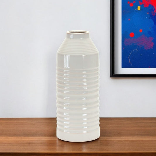 15" White Ribbed Cylinder Terracotta Table Vase
