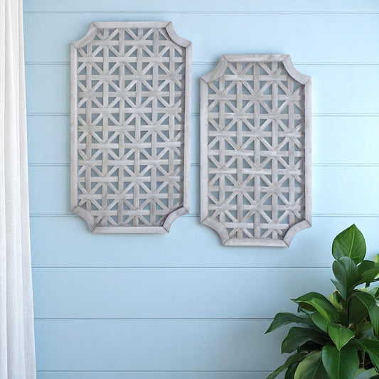 Set of Two Gray Geometric Lattice Wood Hanging Dimensional Sculptures