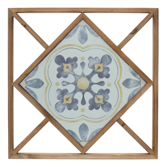 Set of Two White Blue And Brown Floral Wood and Metal Square Framed Art