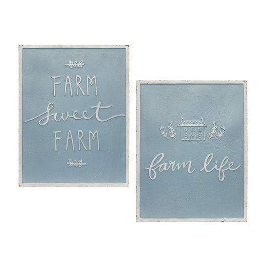 Set of Two Blue And White Farm Sweet Farm Metal Wall Decor