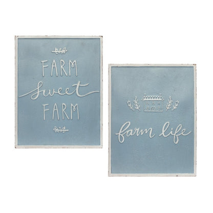 Set of Two Blue And White Farm Sweet Farm Metal Wall Decor