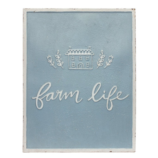 Set of Two Blue And White Farm Sweet Farm Metal Wall Decor