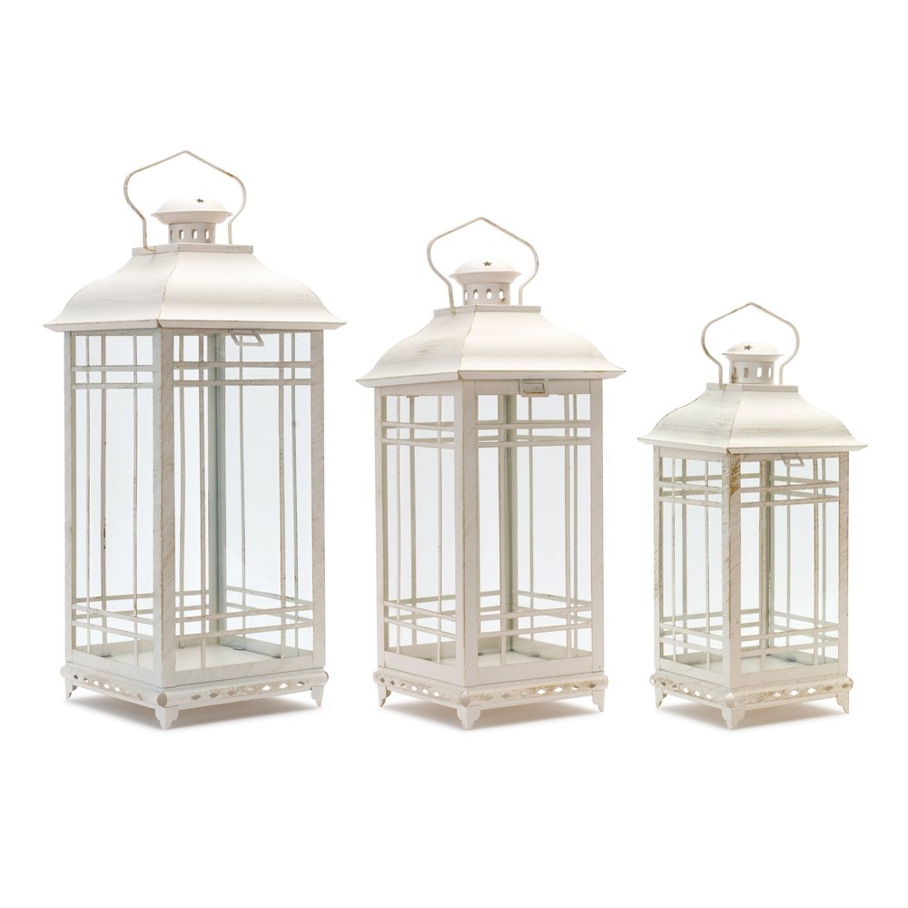 Set of Three Ivory Metal Mirrored Floor Lantern Candle Holders