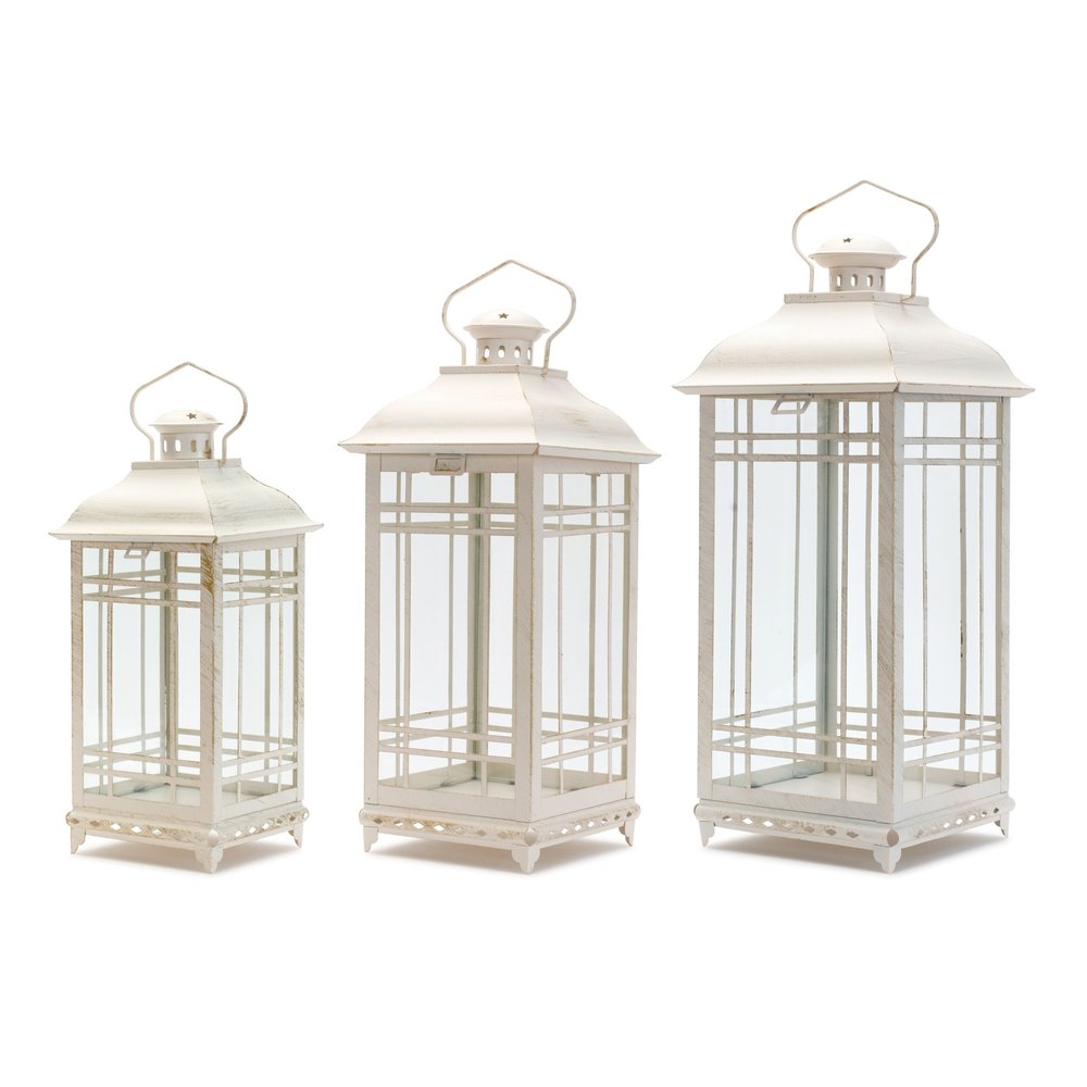 Set of Three Ivory Metal Mirrored Floor Lantern Candle Holders