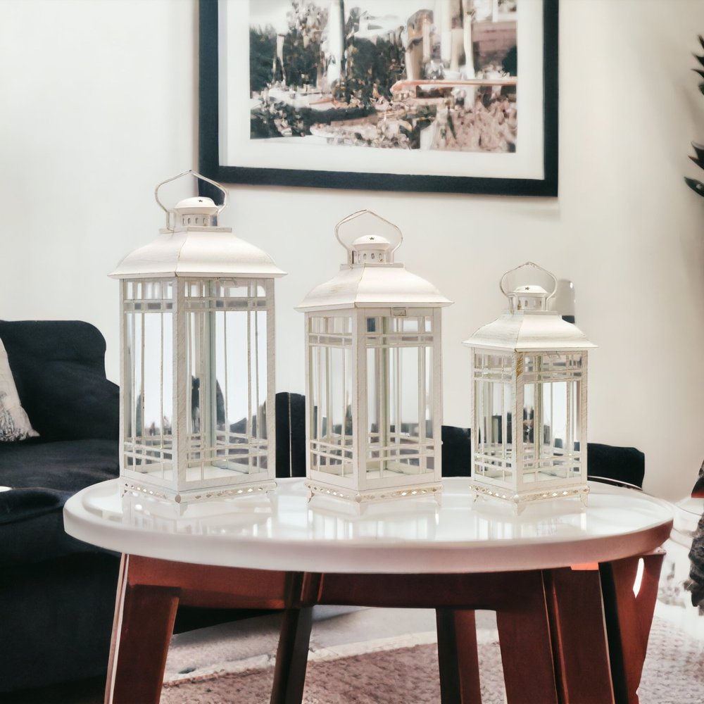 Set of Three Ivory Metal Mirrored Floor Lantern Candle Holders