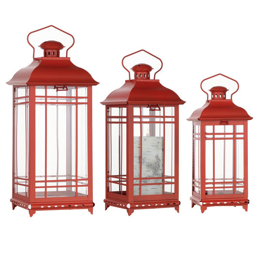 Set of Three Red Geometric Glass And Metal Floor Lantern Candle Holders