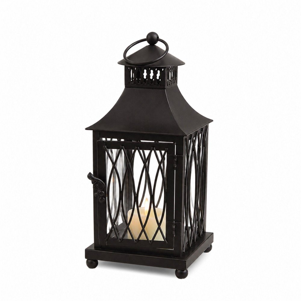Set of Three Black Geometric Glass And Metal Floor Lantern Candle Holders
