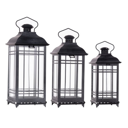 Set of Three Gray Distressed Geometric Glass And Metal Floor Lantern Candle Holders
