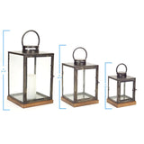 Set of Three Gray And Brown Distressed Geometric Glass Metal And Wood Floor Lantern Candle Holders