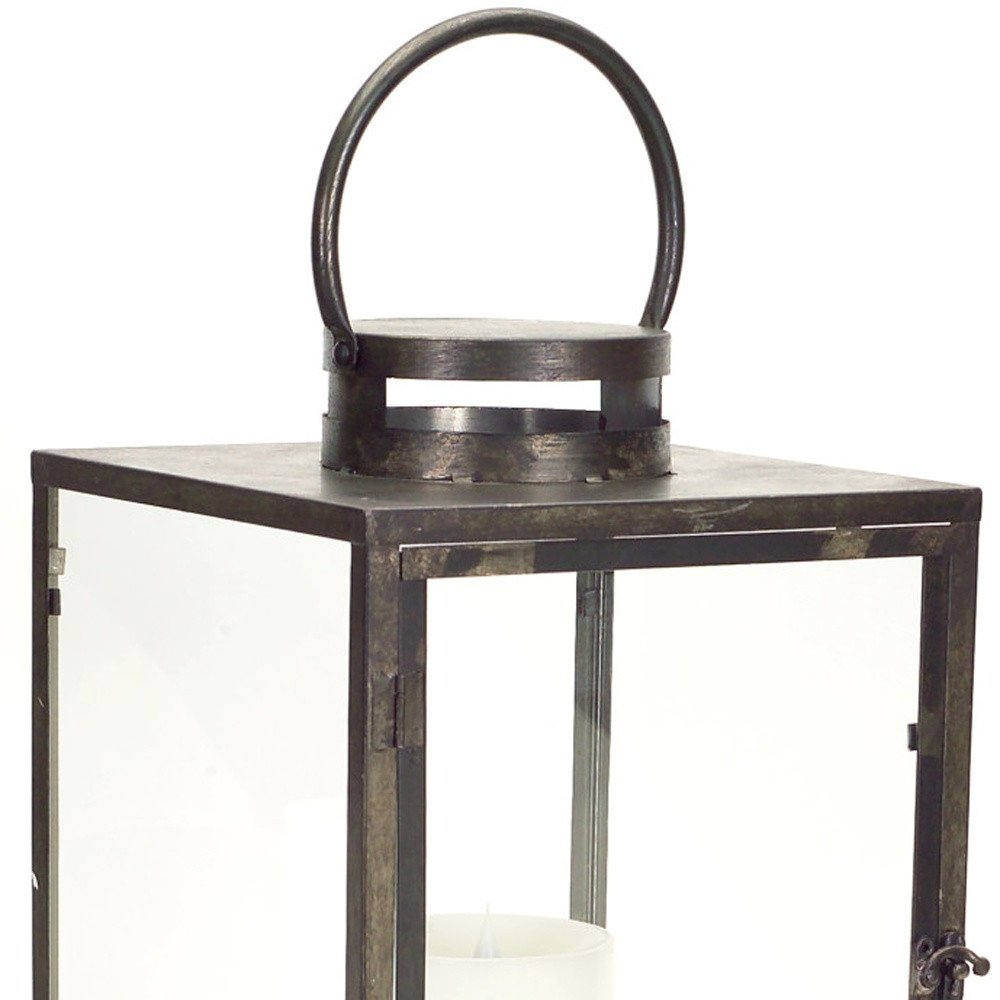 Set of Three Gray And Brown Distressed Geometric Glass Metal And Wood Floor Lantern Candle Holders