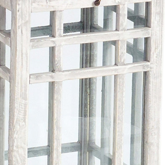 Set of Two White And Silver Distressed Geometric Metal Floor Lantern Candle Holders