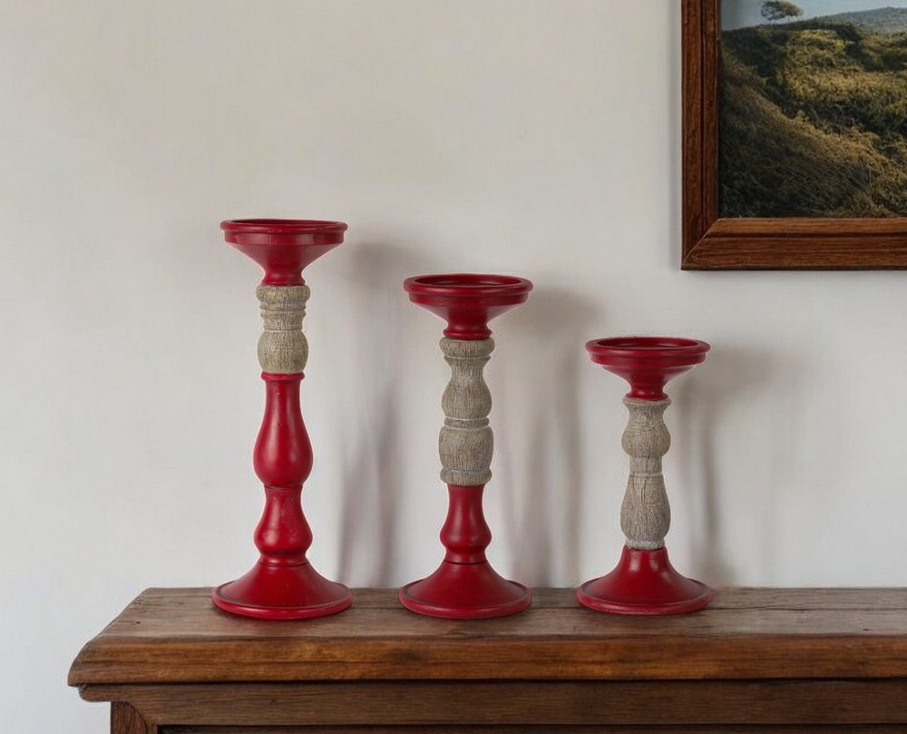 Set of Three Red And Natural Ornate Resin Tabletop Pillar Candle Holders