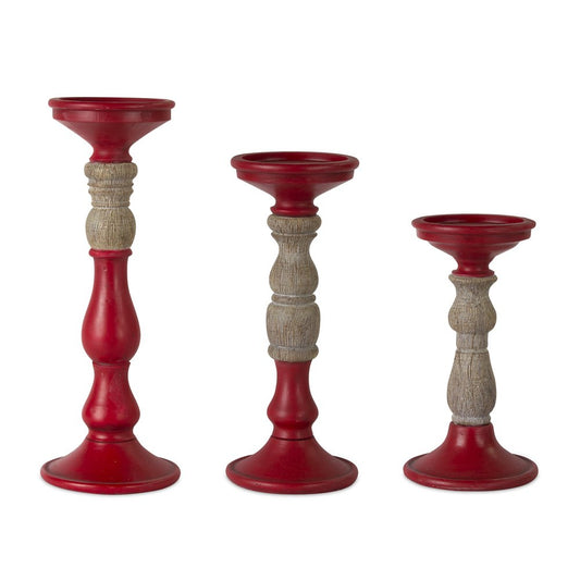 Set of Three Red And Natural Ornate Resin Tabletop Pillar Candle Holders