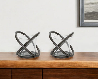 Set of Two Clear And Black Distressed Glass And Metal Tabletop Votive Candle Holders