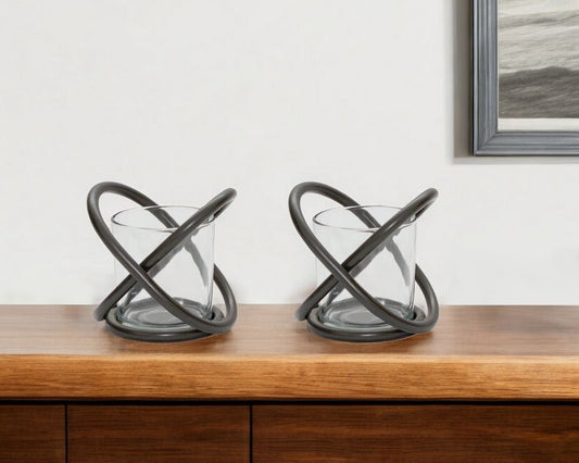 Set of Two Clear And Black Distressed Glass And Metal Tabletop Votive Candle Holders