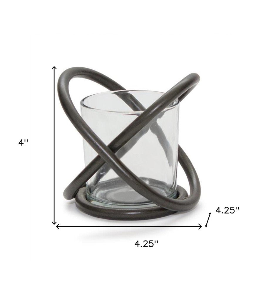 Set of Two Clear And Black Distressed Glass And Metal Tabletop Votive Candle Holders