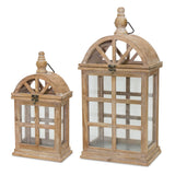 Set of Two Natural Distressed Geometric Wood And Glass Floor Lantern Candle Holders