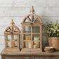 Set of Two Natural Distressed Geometric Wood And Glass Floor Lantern Candle Holders
