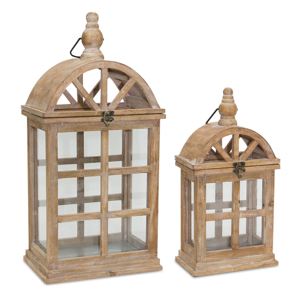 Set of Two Natural Distressed Geometric Wood And Glass Floor Lantern Candle Holders