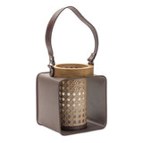 7" Natural And Brown Distressed Lattice Iron And Wood Tabletop Lantern Candle Holder