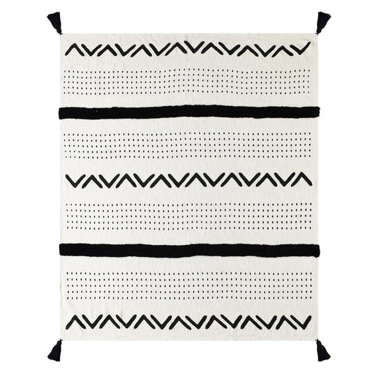 60" X 50" Black and White Woven Cotton Striped Throw Blanket with Tassels