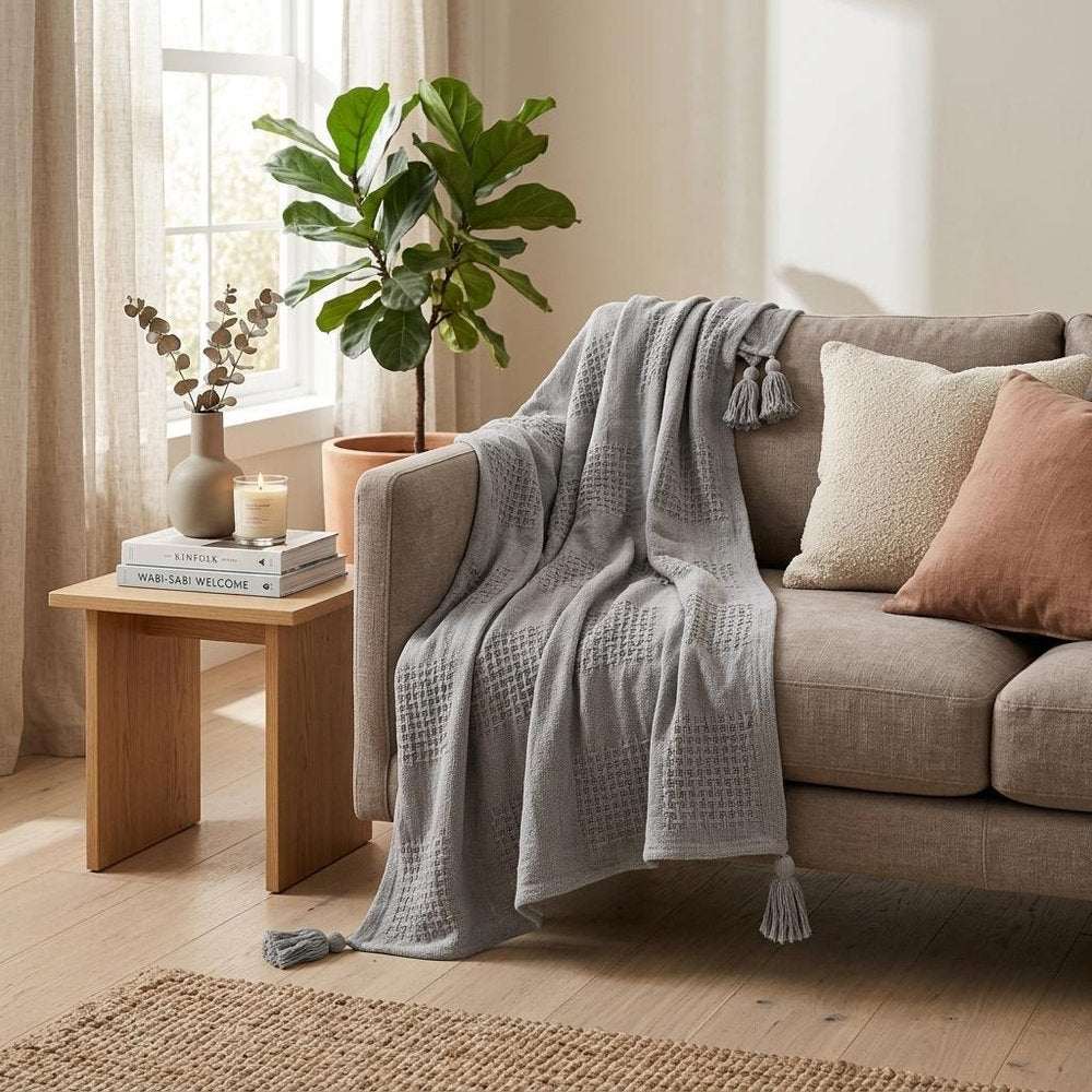 50" X 60" Gray Woven Cotton Throw Blanket with Tassels