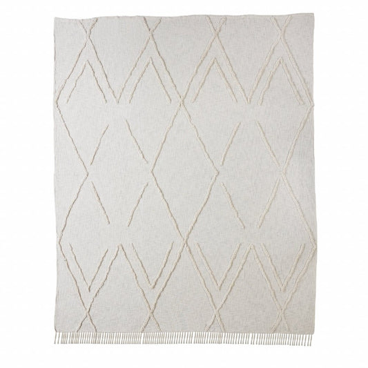 Ivory Geometric King Cotton Coverlet With Fringe
