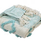 50" X 60" Aqua And Off White Cotton Woven Geometric Throw Blanket with Fringe