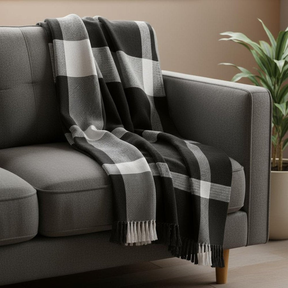 50" X 60" Gray Woven Cotton Checkered Throw Blanket with Fringe