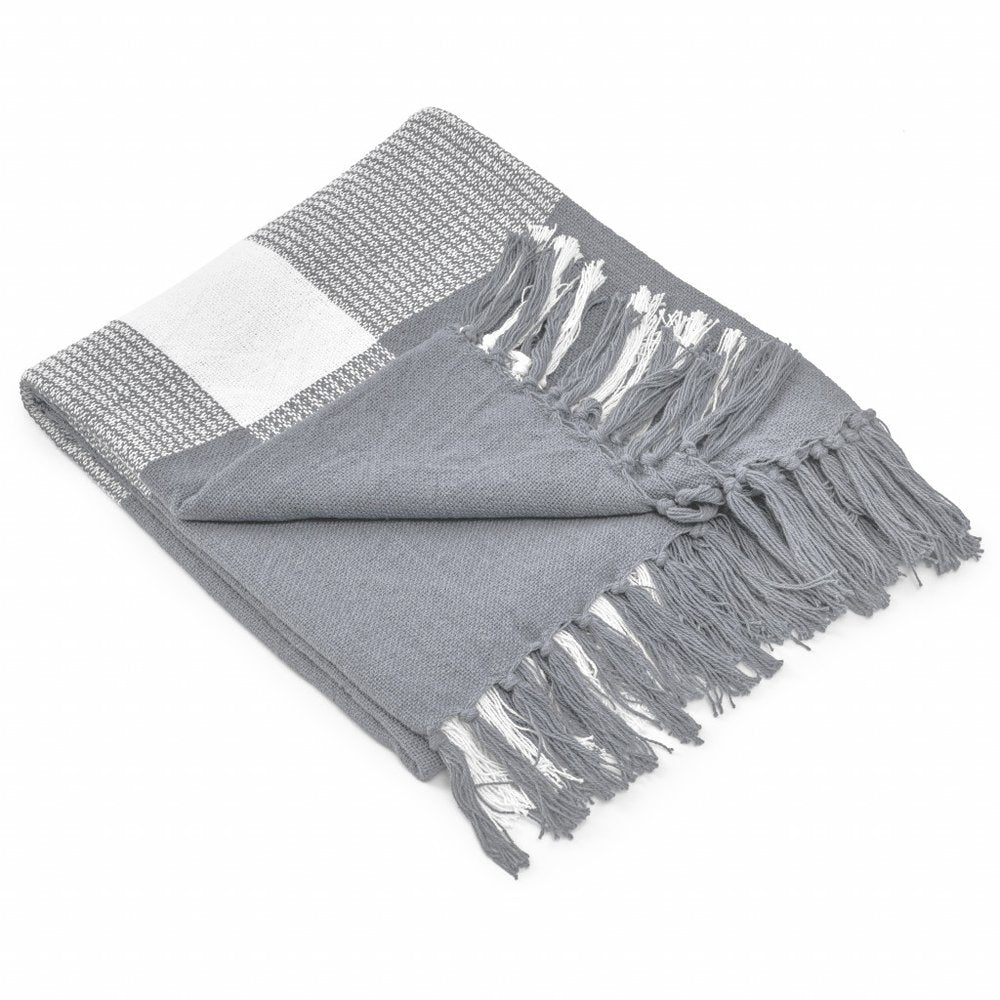 50" X 60" Gray Woven Cotton Checkered Throw Blanket with Fringe