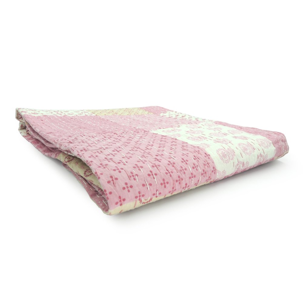 70" X 50" Blue Kantha Silk Patchwork Throw Blanket with Embroidery