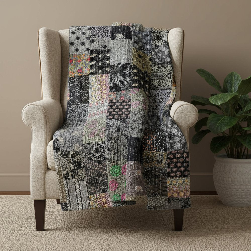 Gray Knitted Cotton Patchwork Throw Blanket