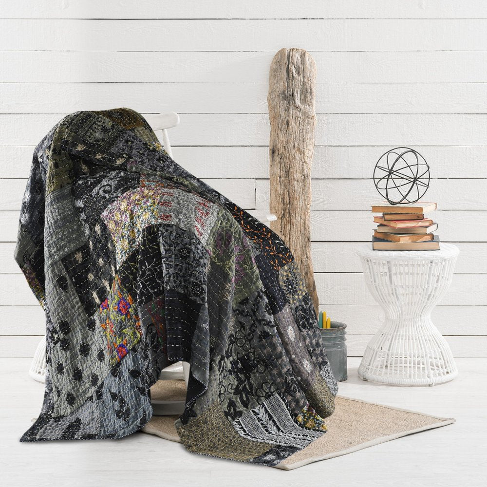 Gray Knitted Cotton Patchwork Throw Blanket