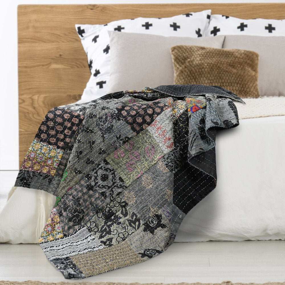 Gray Knitted Cotton Patchwork Throw Blanket