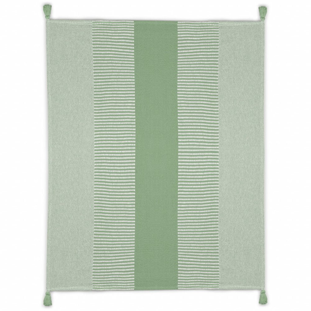 60" X 50" Green Woven Cotton Striped Throw Blanket with Tassels