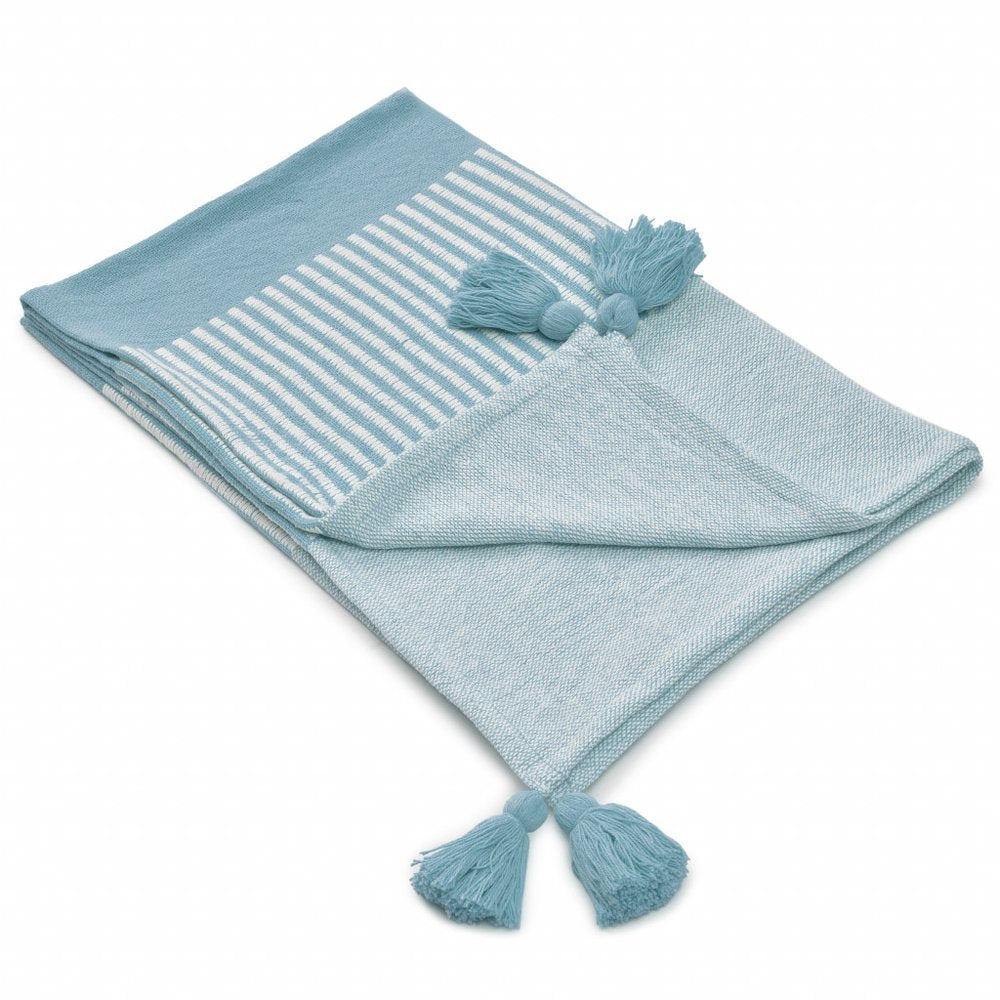60" X 50" Green Woven Cotton Striped Throw Blanket with Tassels