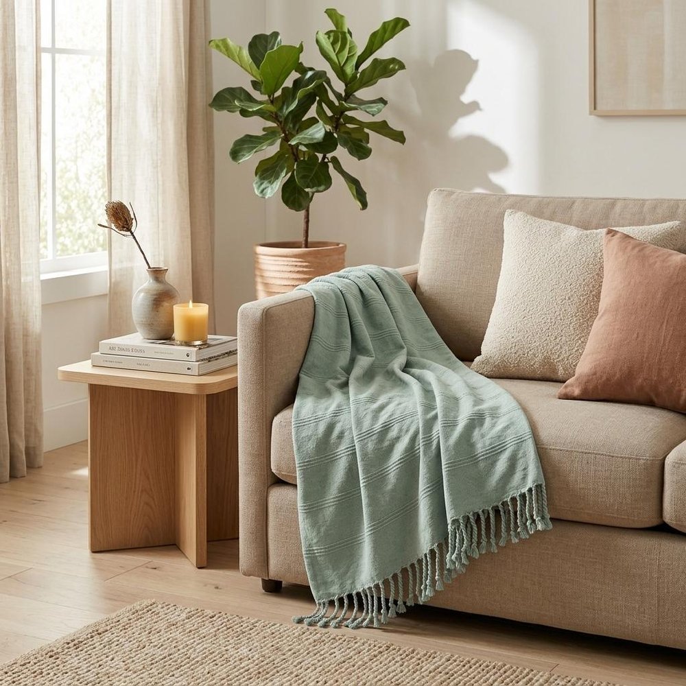 Gray Woven Cotton Striped Throw Blanket