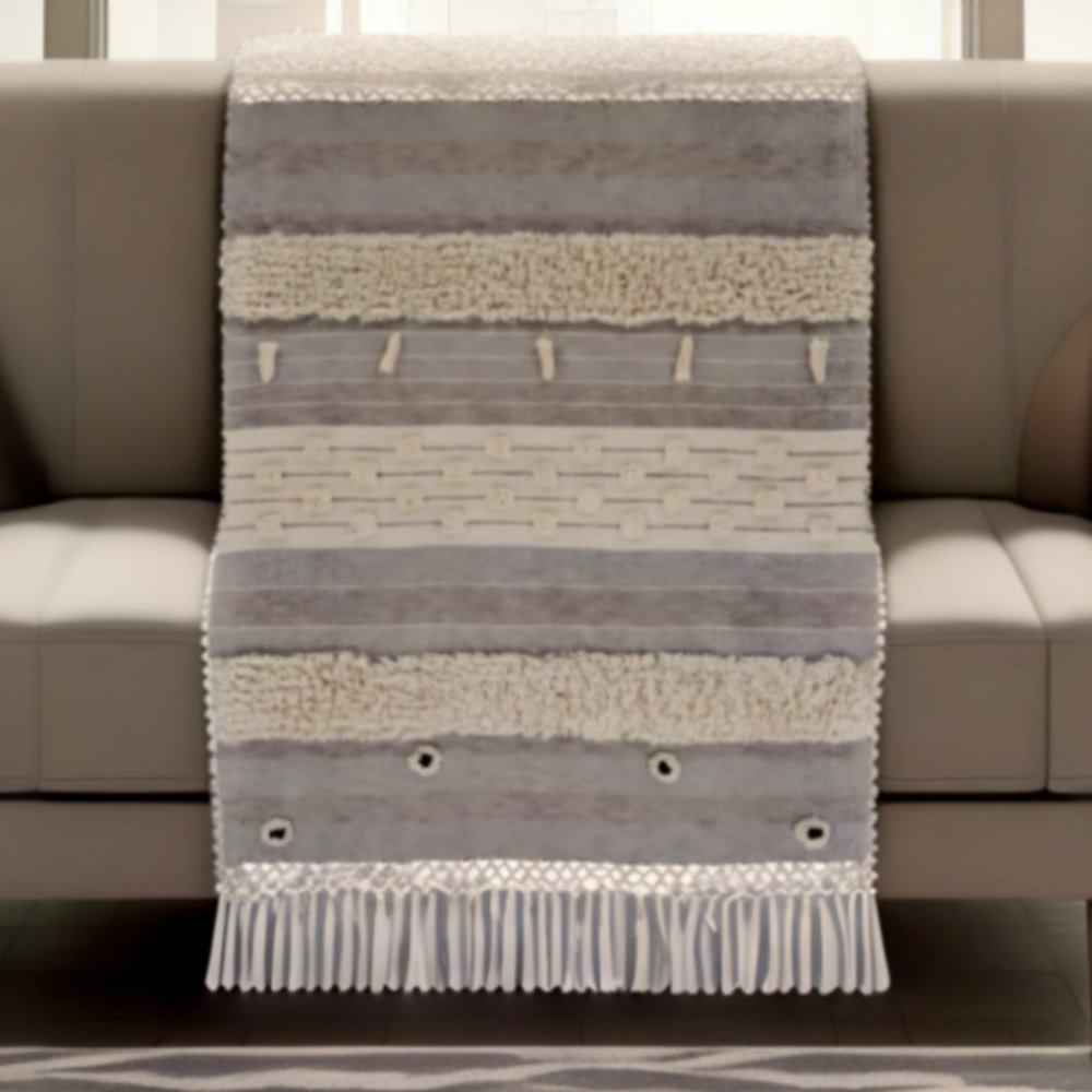 60" X 50" Gray Woven Cotton Striped Throw Blanket with Fringe