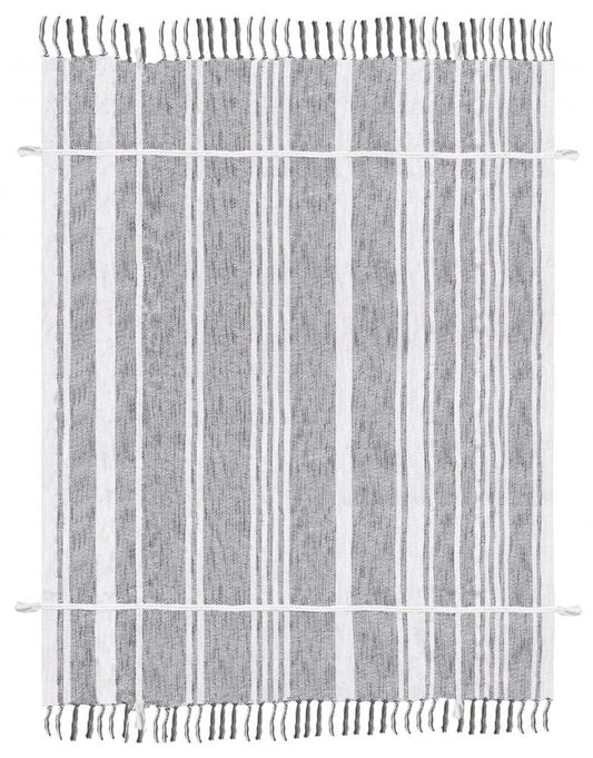 50" X 60" Gray and White Kantha Cotton Striped Throw Blanket with Embroidery