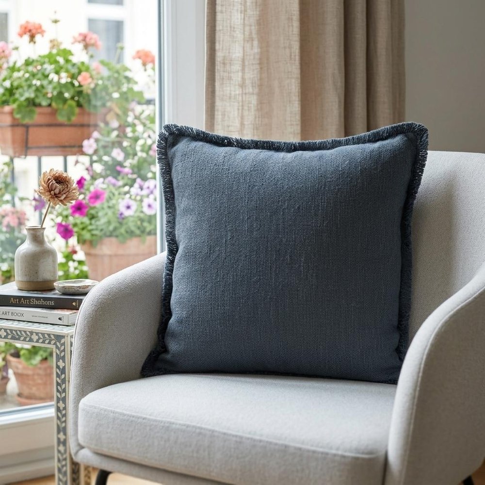 20" Navy Blue Cotton Throw Pillow with Fringe