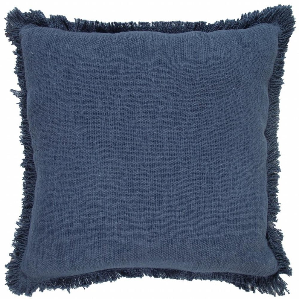 20" Navy Blue Cotton Throw Pillow with Fringe