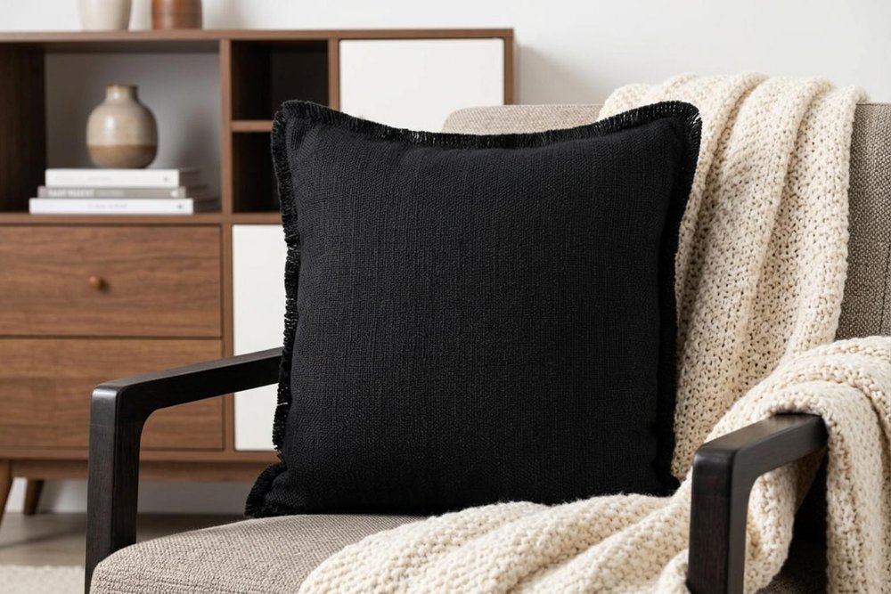 20" Navy Blue Cotton Throw Pillow with Fringe