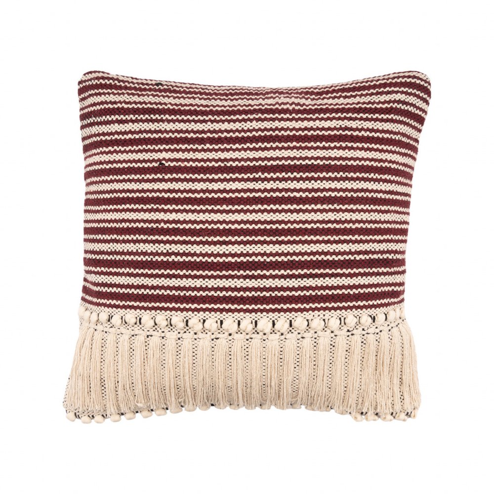 20" Maroon And Tan Cotton Striped Throw Pillow with Fringe