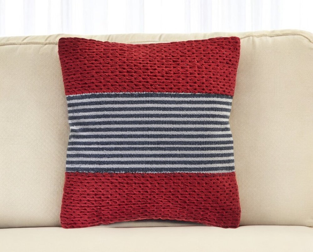 20" Blue And Red Cotton Striped Throw Pillow