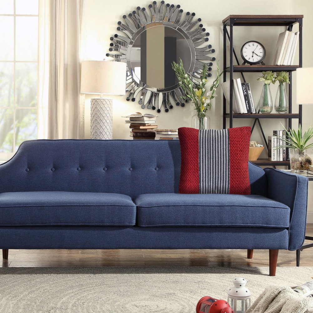 20" Blue And Red Cotton Striped Throw Pillow