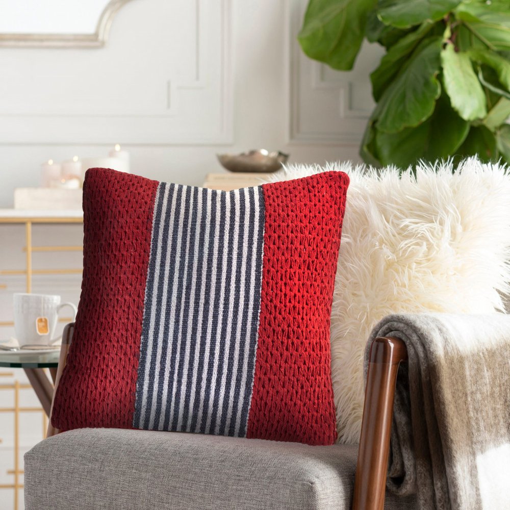 20" Blue And Red Cotton Striped Throw Pillow