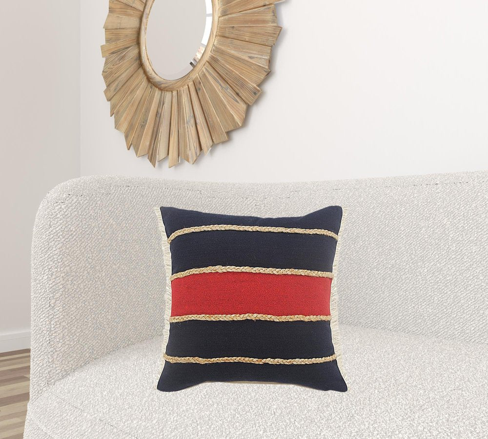 14" X 36" Red Navy And Tan 100% Cotton Striped Zippered Pillow