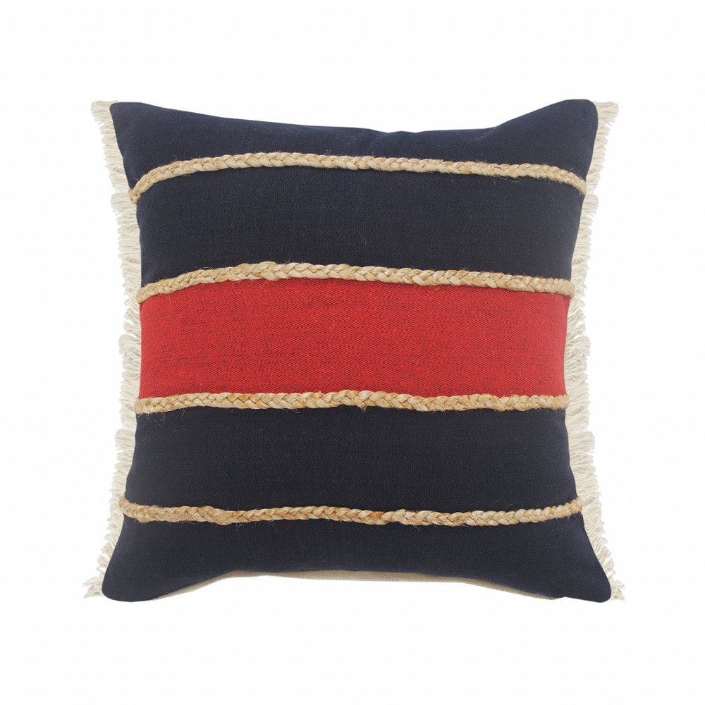 14" X 36" Red Navy And Tan 100% Cotton Striped Zippered Pillow